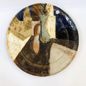 20th century Arts & Crafts stoneware charger by Paul Ryan, arched building,