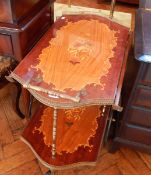 A continental drop flap two tier tea trolley, with floral satinwood inlays,