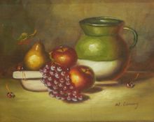 Contemporary oil on boards Still life jug with fruit, signed bottom right 