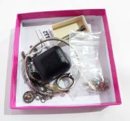 A seedpearl and black enamel ring, pair silver Celtic knot-pattern earrings,