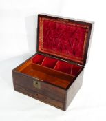 A Victorian rosewood writing box with velvet and tooled leather interior