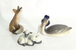 Royal Copenhagen model of a crested Grebe (?), Royal Copenhagen group of sheep,