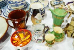 Royal Crown Devon coffee pot with three cups and five saucers 'Modane' gilt bands on a green