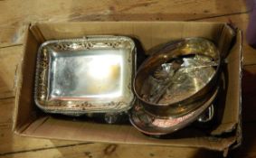 Assorted items of silver plate including two cruet sets of cut glass bottles,