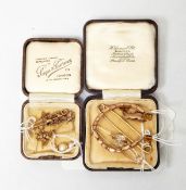 Coral and seedpearl gold-coloured metal bar brooch, 9ct gold fine chain necklace (af), another,