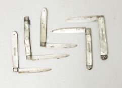 A William IV silver fruit knife with mother-of-pearl handle, floral and shell pommel,