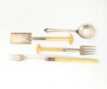 A Victorian novelty spade and fork with engraved silver plated tines and blade and ivory handles,