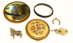 Silver and marcasite circus horse bar brooch, silver bangle,