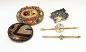 9ct gold bar brooch set three pale blue stones, 9ct gold and solitaire pale blue stone bar brooch,