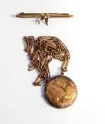 A 9ct gold locket with neck chain and 9ct bar brooch, approx. 13.
