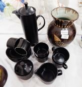 A Studio pottery vase decorated with a cockerel in brown glazes and a Wedgwood black glazed coffee