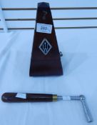 A metronome, Elecmaster tuner, Thorens mini musical box in burrwood case,