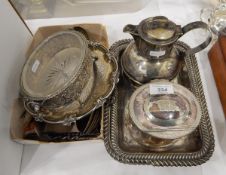 A quantity of silver plate including Guernsey milk pan, caddy with engraved decoration,