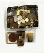 Two antique horn beakers, a bronze St Thomas Hospital medallion, quantity sundry coins,