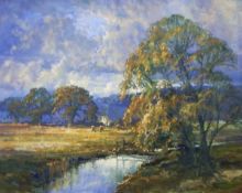 R (G) Gordon Trow (circa 1950) Oil on canvas board Tranquil meadow scene with cattle,