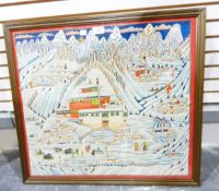 Watercolour Snow scene with buffaloes and figures in foreground,