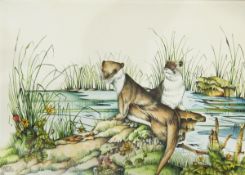 British School (19th century) Watercolour Ruin on a hillside overlooking lake with figures and