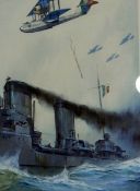 Piani(?) Watercolour S59 Savoia aircraft above an Italian war ship, signed upper left, 31.5cm x 22.
