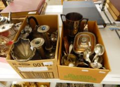 An old Sheffield plate teapot, a silver plated cream jug and sugar bowl,