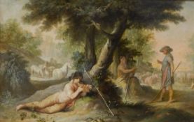 After Nicolas Lancret Oil on canvas Shepherds sitting beneath trees with cattle and horses beyond,