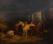 After George Morland Oil on canvas Stable scene of horses being fed,