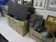 A quantity of brass and metal items, a tool box, leather collar box,