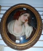 Oil on board Victorian shoulder length portrait of young lady, oval, 35.