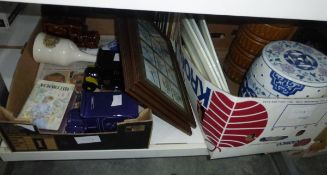 A quantity of ceramics to include Cadbury's money boxes, Oriental stool, blue and white chargers,