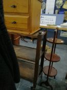 A stained oak three-tier tea trolley and other items