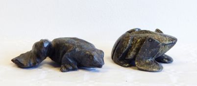 A carved green hardstone naive model of a frog and another carved model of a frog,