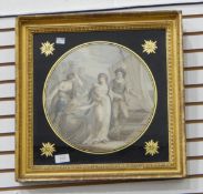 A 19th century coloured engraving of a woman and child boarding a ship, in verre eglomise surround,