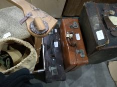 Various items including wicker clad flagon, records, Ashford weavers loom, canvas campaign bed,