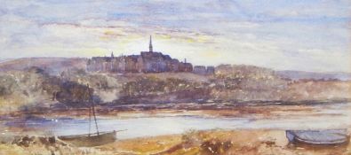 19th century Watercolour An evening view of a village with river in foreground, 15cm x 31.