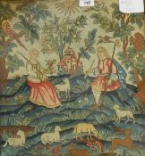 A late 17th/early 18th century petit point needlework depicting a couple seated in a landscape,
