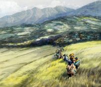 Oriental school Watercolours Farm workers walking through field with hills in background,