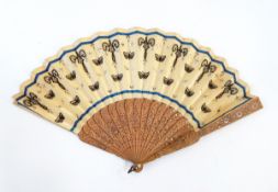 A Chinese wooden brise fan, both guard sticks slightly damaged, embroidered with black butterflies,