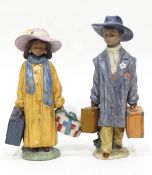 A pair of Lladro figures of a boy and girl carrying suitcases 'A Time To Go',