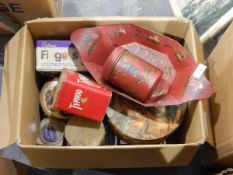 Assorted vintage tins, weighing scales, kettle, etc.