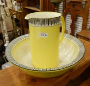 An ewer and basin, a small hanging corner cupboard, assorted brassware,