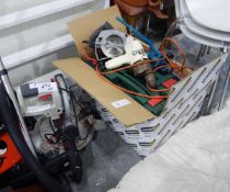 A compound mitre saw, electric drills, sander, tools, etc.