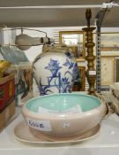 A Poole pottery dish with pink/beige ground and turquoise interior, matching plate,