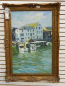 Unattributed (20th century) Oil on board Harbour scenes with boats in foreground and buildings