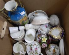 A large quantity of assorted ceramics, brassware, brass warming pan,