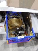 A alabaster table lamp, a lantern clock, copper and brass, a mirror, a warming pan, a basket,