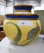 A large jardiniere with matching bowl and urn, yellow ground, blue and green tulip decoration,