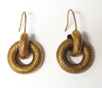 Pair of Victorian gilt metal drop earrings with scroll engraved pendant hoops