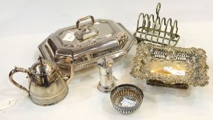 Silver plated salver of shaped square form, on four scroll feet, 41cm square,