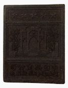 Chinese tea brick of rectangular form, impressed with a temple scene,