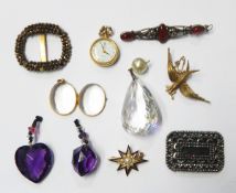 15ct gold and seedpearl swallow brooch, two buckles, blue enamelled and seedpearl 'star' brooch,