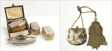 Brush and comb set with engine-turned silver mounts, in fitted case, pair of silver backed brushes,